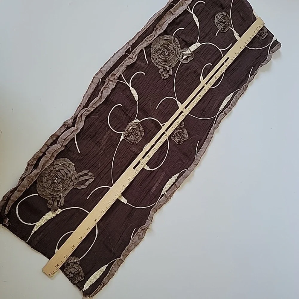 Embroidered Applique Flowers Rectangle Scarf Brown Artsy Bohemian‎ Wearable Art